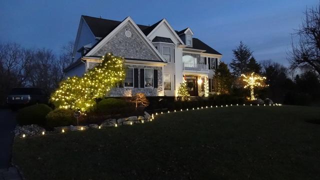 This homeowner gets to show off their landscaping year-round with holiday lighting  placed along their mulch bed and tree lighting!