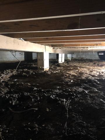 Dirt crawl space with sagging floors.