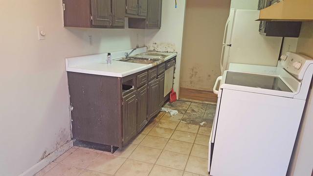 During our inspection of the  kitchen, we found severe mold growth hidden behind the kitchen cabinets.