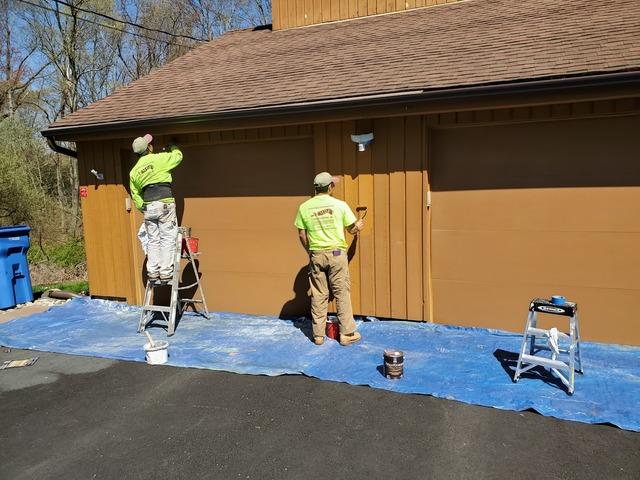 Matching the exterior paint in progress in Hawleyville, CT.