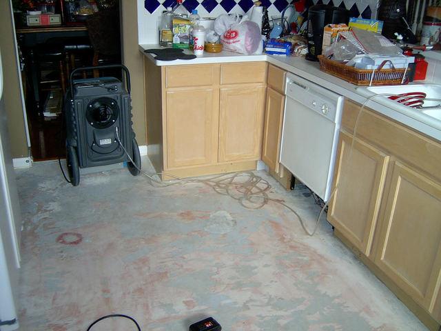 <p>Water has gotten underneath the vinyl flooring, causing the flooring material to bubble. Flooring was removed and disposed.</p>