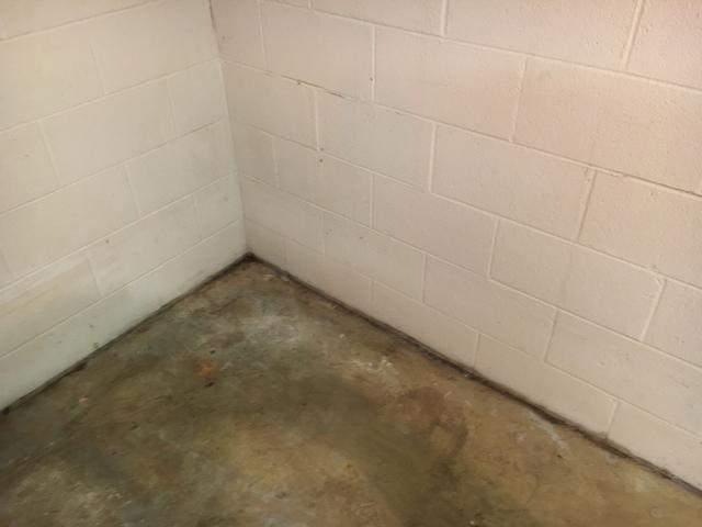 Discoloration can be seen on the floor and walls as a sign of water infiltration.