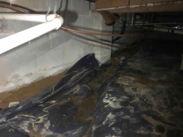 Deteriorating vapor barrier in Williamsburg Crawl Space