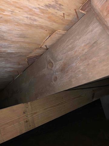 The subfloor and the joists are separating from one another. The joist has pulled away due to settling and the nails holding the subfloor to it are rusted from being exposed moisture in the crawl space.