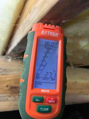 This device reads temperature and moisture content. At 19% the potential for wood rot begins. This joist has a wood moisture content of 27%. If the moisture and humidity in the crawl space are left uncontrolled, this could result in significant damage to the substructure of the home.