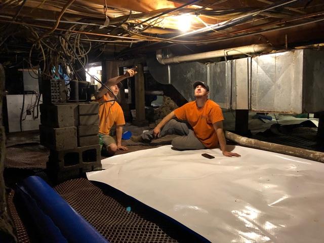 This photo shows CleanSpace® vapor barrier being installed over drainage matting in this crawl space. Our crews work in tight crawl spaces all the time!