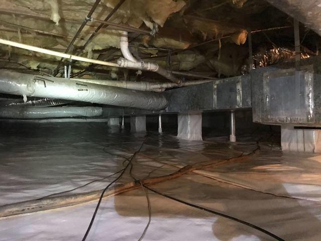 With our vapor barrier in place and jack system, this crawl space is protected from sagging floor and moisture in the water.