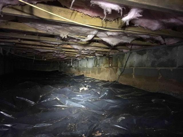 The foundation walls of this crawl space show clear signs of moisture infiltration. Efflorescence is visible, meaning the stains on the foundation walls are from when water forced its way through the porous cinderblock walls, dragging the sediments and salts from within the blocks to the surface. If a CleanSpace vapor barrier and proper insulation were installed in this crawl space, they would help to mitigate outside air and moisture from impacting the crawl space.