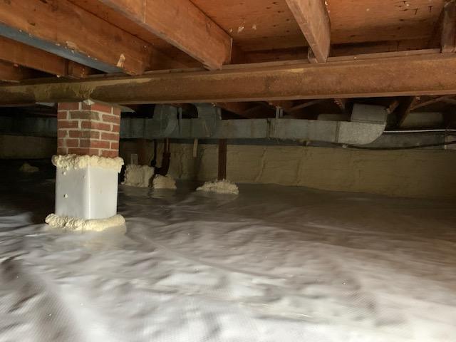 Spray foam installed on walls and foundation supports.