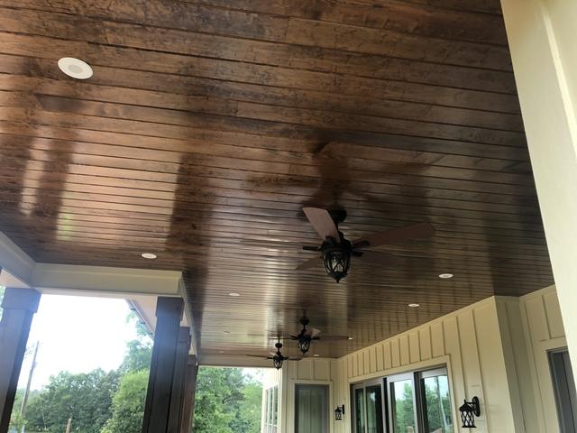 <p>We installed the smooth tongue and grove porch ceiling with LED can lights.</p>