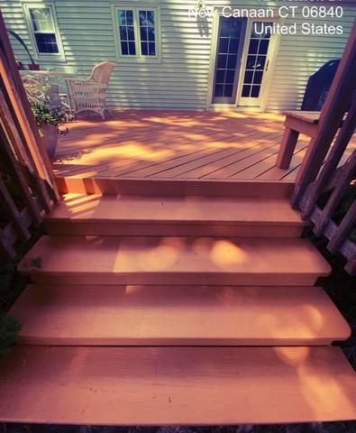 Freshly stained deck steps.