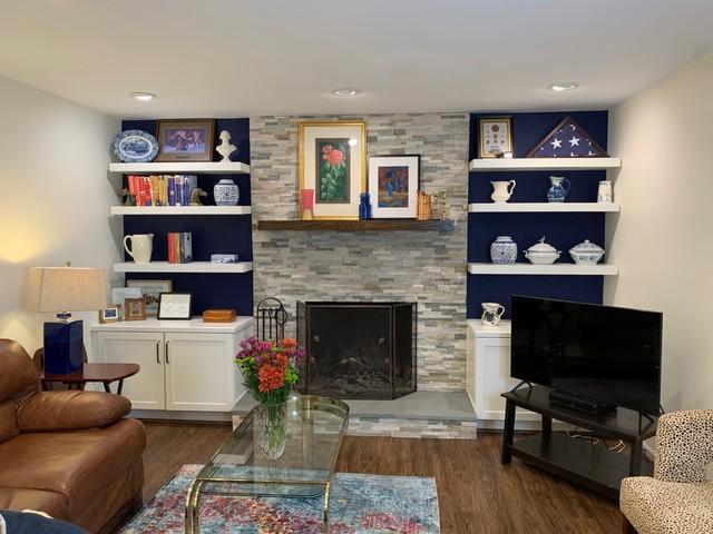 Floating Shelves with Stone Fireplace