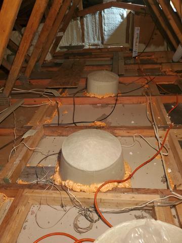 <p>Once the attic was clean and clear, all of the accessible penetrations and top plates were sealed with expanding polyurethane foam. TiteShell can light covers were also installed.&nbsp;<span>These fire resistant enclosures are specifically designed to protect your light fixtures from insulation in the attic and stop unwanted air leakage.</span></p>