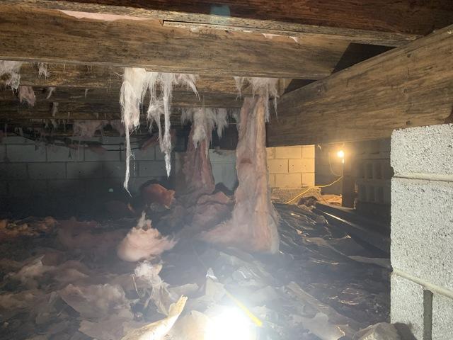 Crawlspace center joist before cleanup