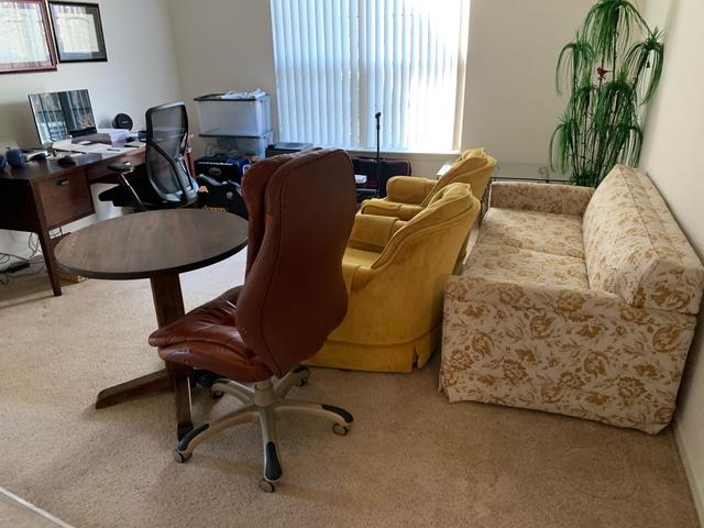 This sofa, chairs, and table all need to be removed and sorted.