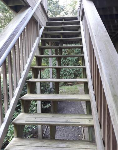 The staircase has grime buildup.