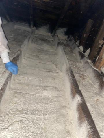 Our team has just finished applying a thin coat of closed-cell spray from to this Superior, WI attic. Spray foam expands on contact to close any gaps that may allow warm air to escape from the conditioned living space below.