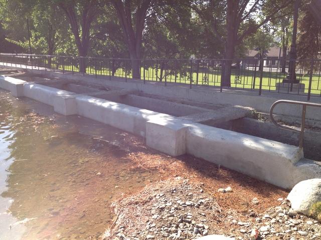 This picture shows completed shotcrete repairs at Manzanita Lake on the University of Nevada Campus