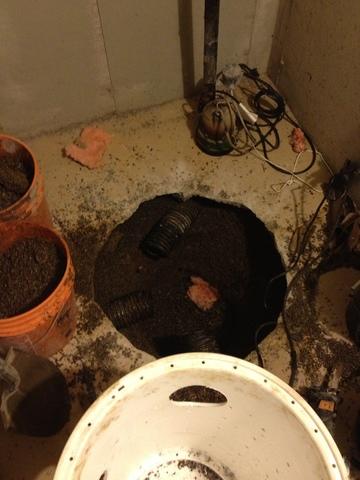 The hole is dug! Notice the very fine gravel under this home's floor. We will need to wrap the sump liner to allow water in, but not grit.