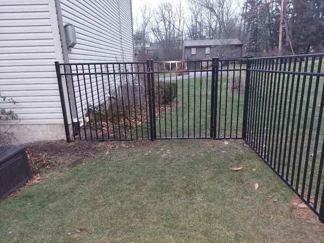 5' Black Classic Aluminum Fence Commercial Grade, Flush Bottom, 3 Rail (1) 3' single, (1) 4' single and (1) 6' double gate installation