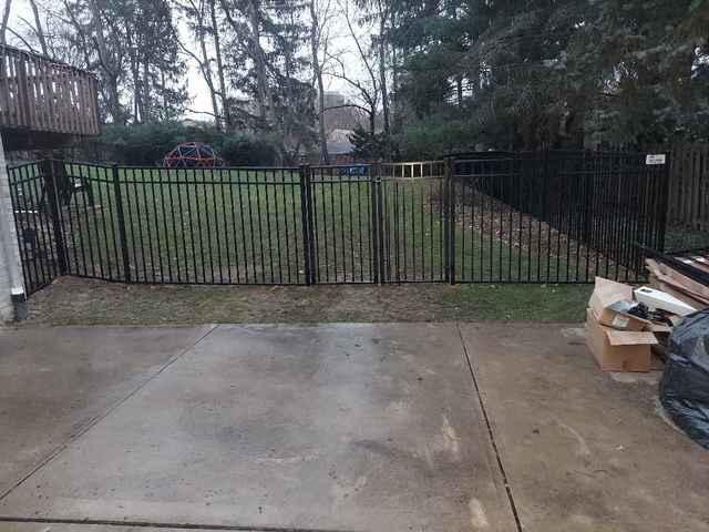 5' Black Classic Aluminum Fence Commercial Grade, Flush Bottom, 3 Rail (1) 3' single, (1) 4' single and (1) 6' double gate installation