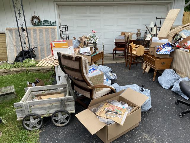 Chair, boxspring mattress, wagon, tables, shelves, chairs