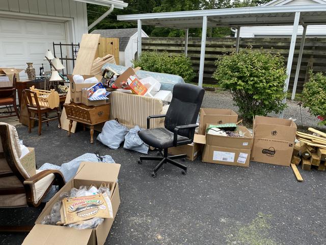 Chairs, sofa, tables, mattress, office chair, boxes, wood
