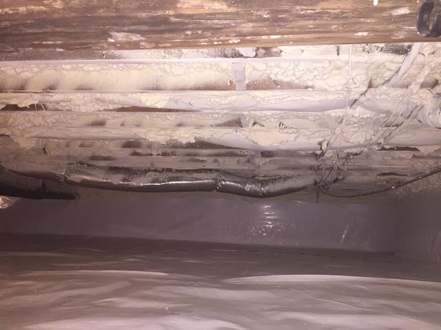 Open Cell Spray Foam Insulation applied to the top of the crawlspace helps prevent heat loss and makes this home more energy efficient.