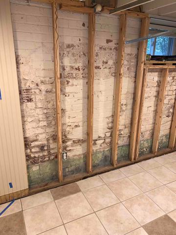 Water has been leaking into the basement through the brick wall and ultimately the paneling that had been covering it. Our team first removed the paneling to expose the wall so that we can begin to install the waterproofing system.