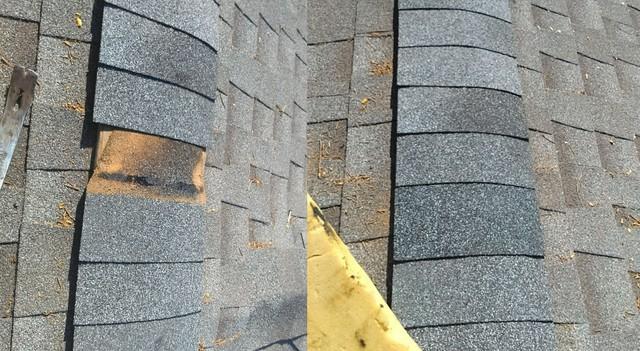 Before and After of Shingle Replacement on Ridge