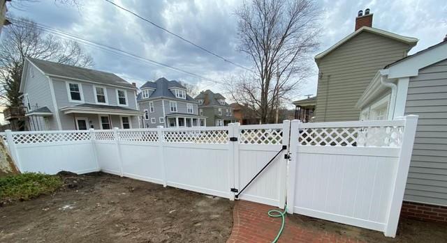 6' Acadia Lattice Top White Vinyl Fence / (2) Gates / Fence Level Across the Top will be gaps under fence