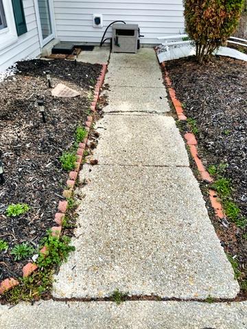 Photo is before repair on concrete slabs. Can see sinking and cracking concrete within the walkway - this can become a tripping hazard and safety concern if not fixed.