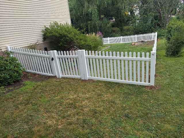 4' Olympic Picket Fence White Vinyl Fence /  (2) 4' gates / Extra picket per section for approx 2.5" spacing.