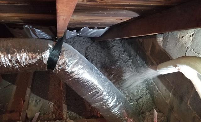 The attic is sealed and ready for some fresh new insulation by TruSoft, a Cellulose product that is environmentally safe and is rated better than old fiberglass insulation.