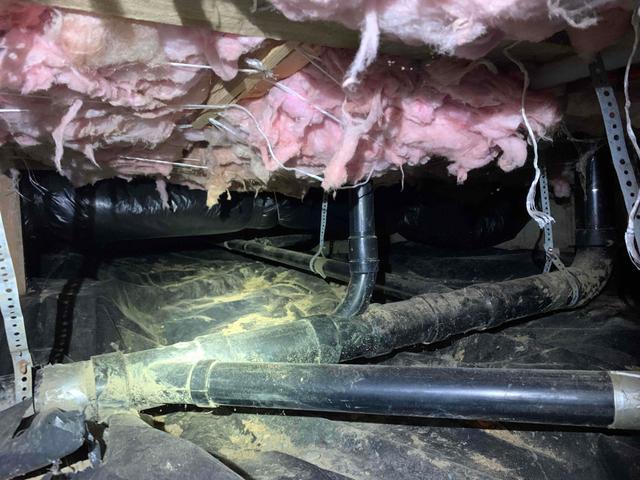 Nasty crawlspace has old fiberglass water logged and falling