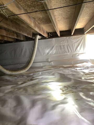 We began our project by installing 106 linear feet of drain tile around perimeter of crawlspace and tied into a SuperSump with a Zoeller M98 sump pump. We discharged that plumbing to the outside through an IceGuard that runs to a 15 foot underground downspout. To combat the heavy areas of mold, we sprayed Mold-X.

To help manage moisture and humidity, we installed a CleanSpace Encapsulation System over exterior walls, across the floor, and around existing pilasters. The encapsulation system was buttoned along the walls, with all seams on the walls and floor overlapped, then sealed with urethane, and secured with industrial tape. 

To help support the structure, we installed a new beam on existing support columns and pocket. We also sistered floor joists with new lumber. 

Finally, we installed an AprilAire E100 and drained that into the SuperSump.