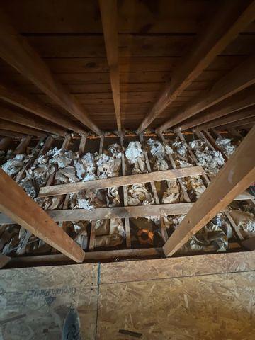 Old crumpled pieces of paper and newspapers were used as a wasted attempt to insulate this attic.