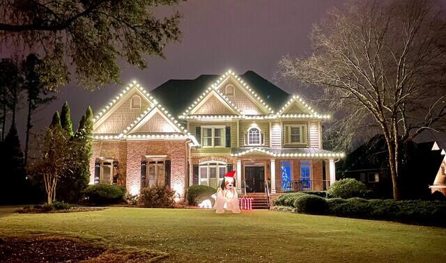 Lights along the roof and porch