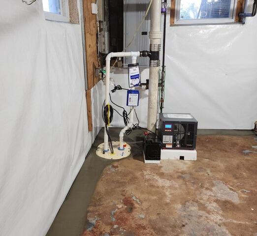 CleanSpace Moisture Barrier, TripleSafe Sump Pump System with Backup Battery, and SaniDry Sedona