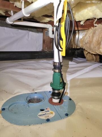 Smart sump pump installation in Belmont, California, crawlspace