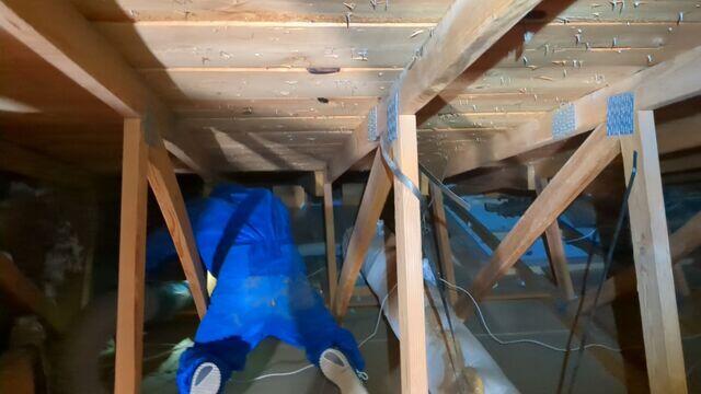 Crew members working hard to vacuum out attic.