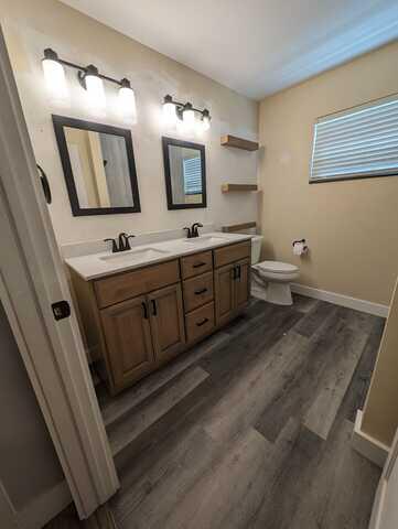 Vanity, toilet and custom shelves view