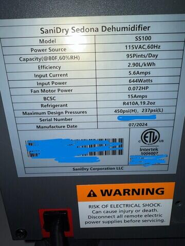 SaniDry Sedona Dehumidifier Specs
