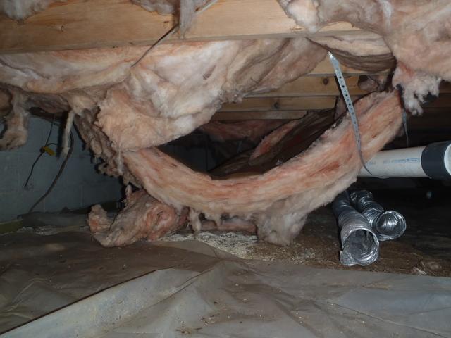 The constant flow of cold and warm air that leaks through the crawl space vents causing condensation and humidity within the crawl space. The humidity causes the insulation to sag away from the sub-floor. 