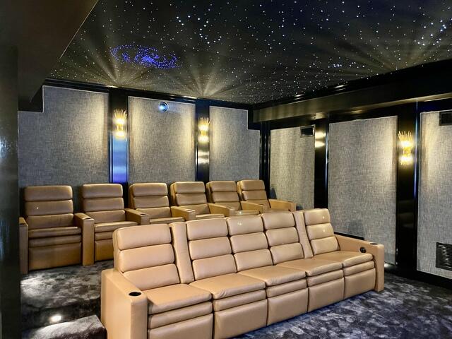 Custom Home Theater with starfield ceiling in Westport, CT.