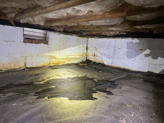 Water Intrusion Warning Signs: Standing Water & Wall Stains in Crawl Space - Winston-Salem, NC