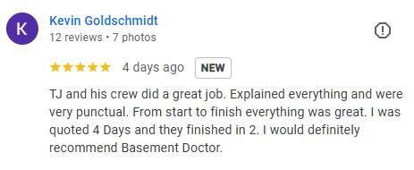 The Basement Doctor of Cincinnati Customer Review in Cincinnati, OH