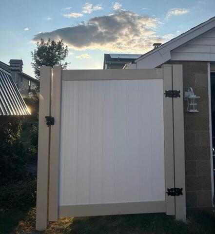 6' Acadia Almond Posts and Rails / White Panels Privacy Vinyl Fence /(3) Gates, One of the 3 will be 3' tall