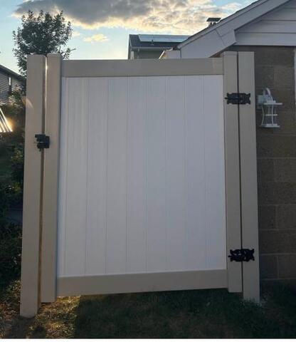 6' Acadia Almond Posts and Rails / White Panels Privacy Vinyl Fence /(3) Gates, One of the 3 will be 3' tall