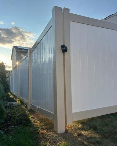 6' Acadia Almond Posts and Rails / White Panels Privacy Vinyl Fence /(3) Gates, One of the 3 will be 3' tall